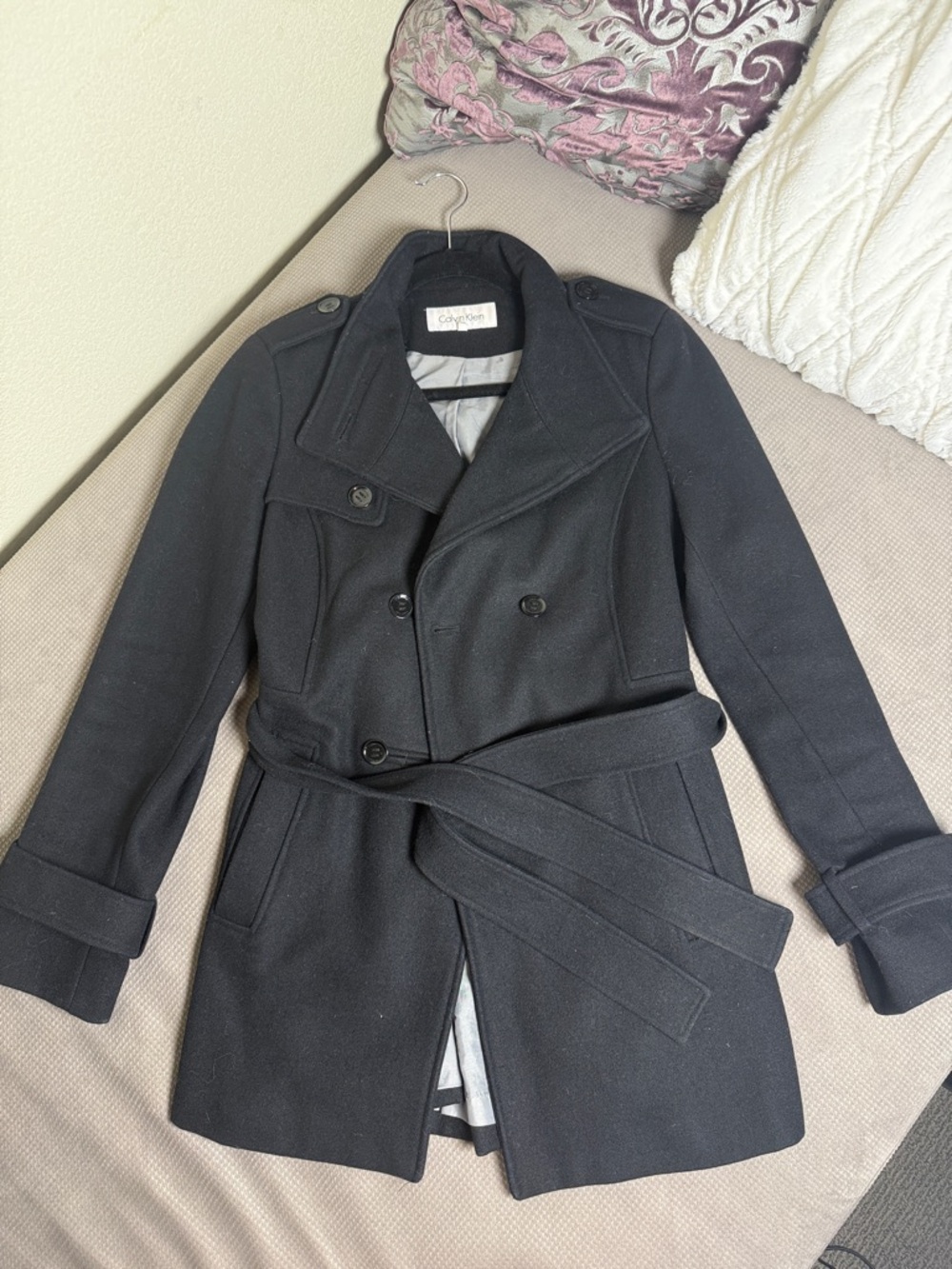 Calvin Klein Black Double-Breasted Wool-Blend Belted Peacoat